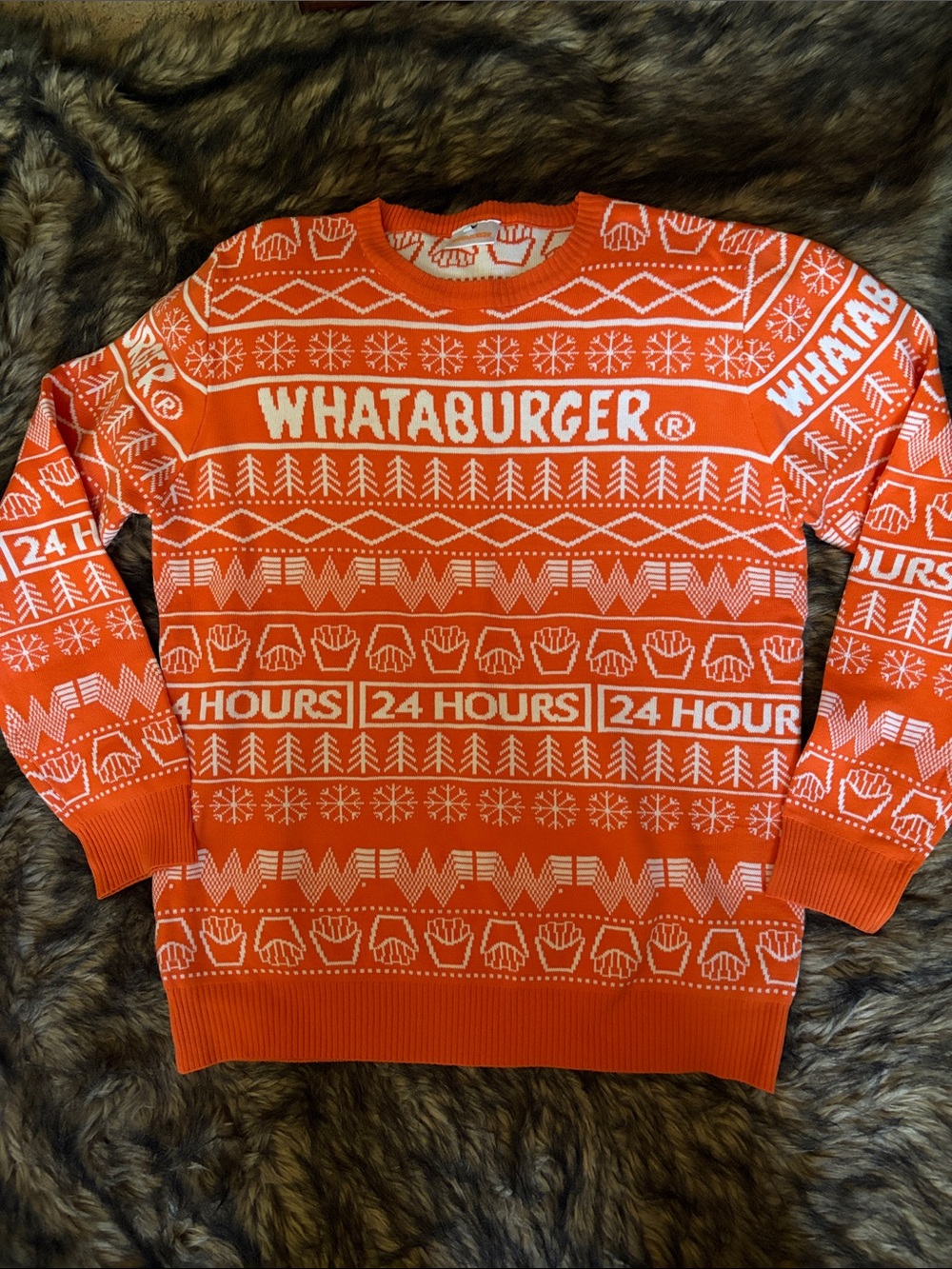 WHATABURGER Ugly Christmas Sweater Mens L Orange White Holiday 24 Hours Fries